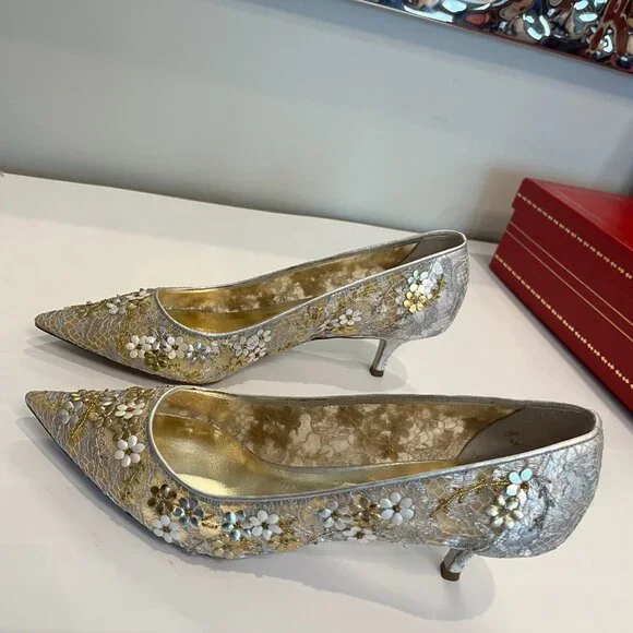 Rene Caovilla | Shoes | Rene Caovilla Silver And Gold Lace Flower